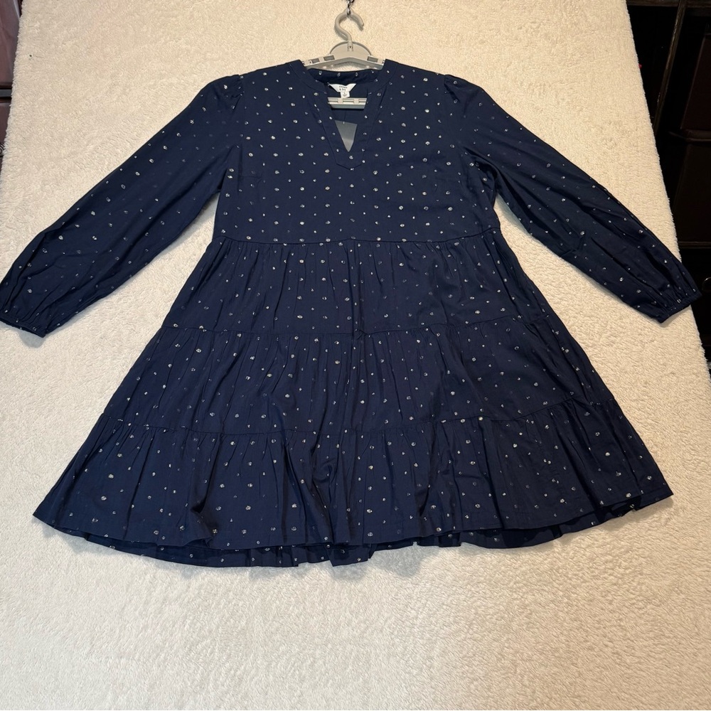 Crown & Ivy Long Sleeves Dress Size Large Blue W/ Metallic Silver Dots New